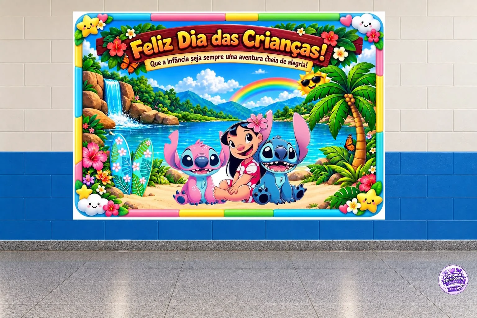 PAINEL DIA DAS CRIANÇAS – STITCH 💙🌺 — Datas comemorativas para Educação Infantil: Um painel lindo, alegre e supercolorido…