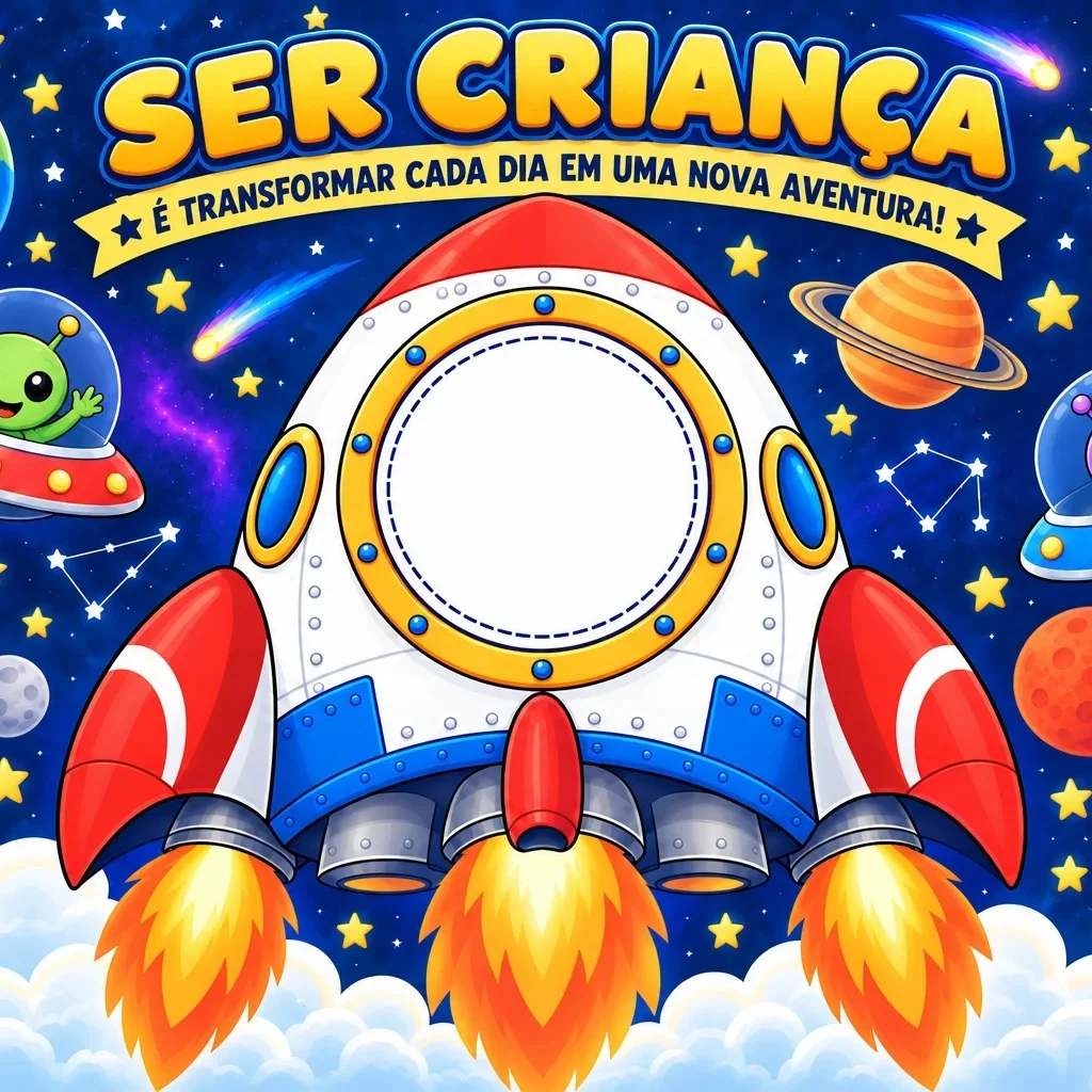 Painel Dia das Crianças Universo infantil — amostra 1: Painel Dia das Crianças com tema espacial e janela para fotos