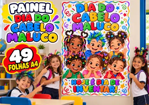 Painel Dia do Cabelo Maluco 1º ao 5⁰ ano — 49 Folhas A4 — capa do material