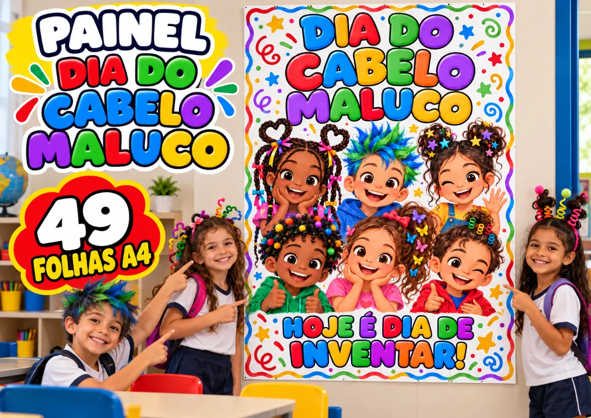 Painel Dia do Cabelo Maluco 1º ao 5⁰ ano — 49 Folhas A4 — Datas comemorativas para Todas as séries: Dê destaque à…