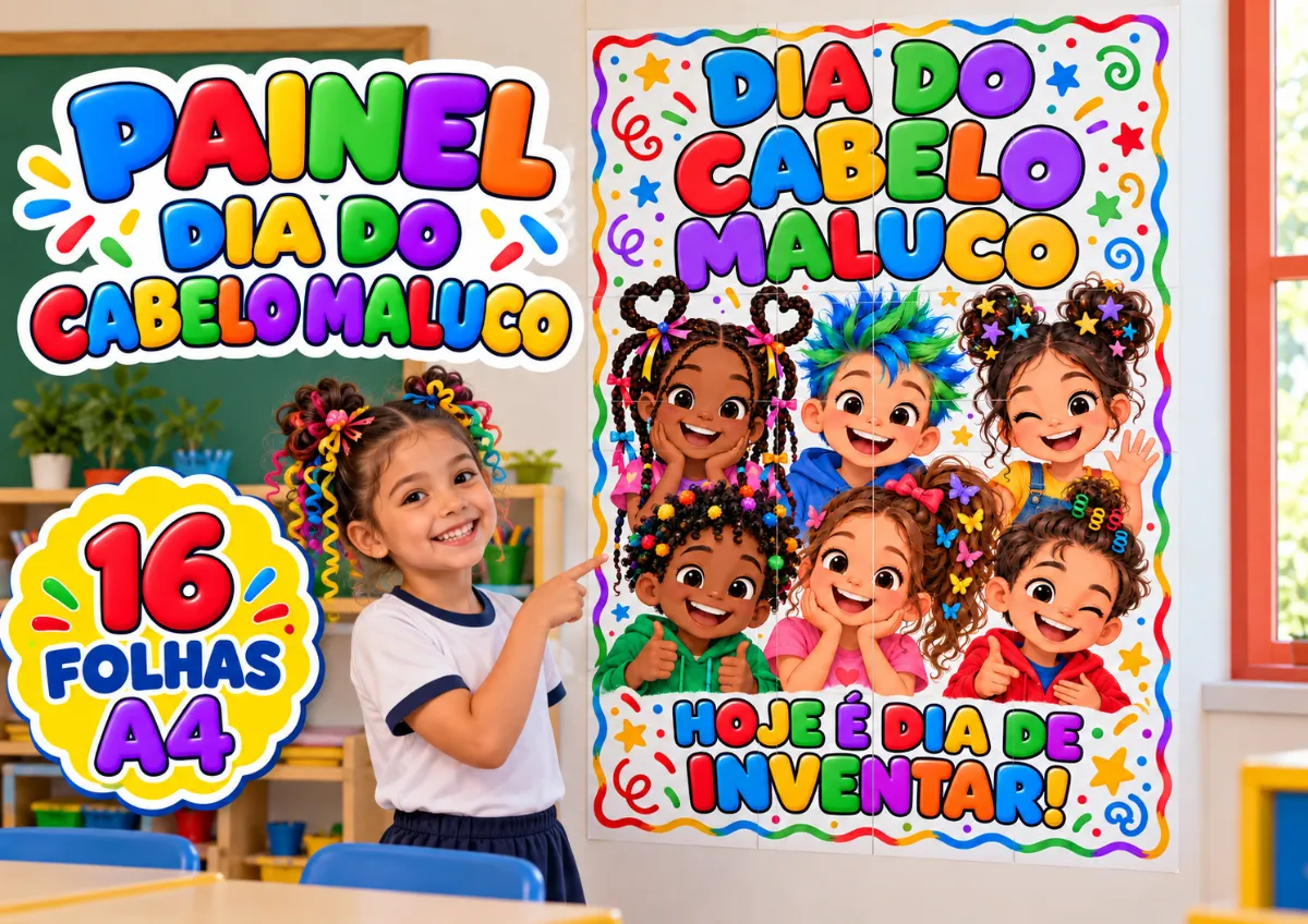 Painel Dia do Cabelo Maluco — 16 Folhas A4. — Datas comemorativas para Todas as séries: Decore a escola com um painel…