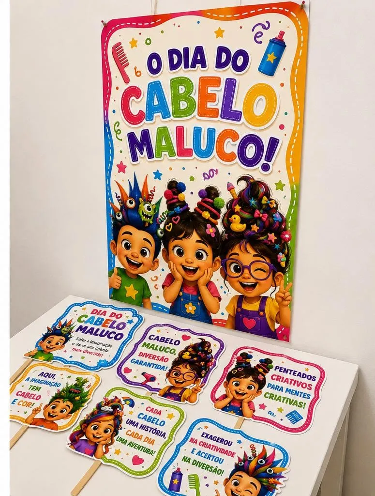 Painel Dia do Cabelo Maluco + 6 Plaquinhas em PDF — amostra 2: Kit Dia do Cabelo Maluco com painel de 8 folhas A4 e 6…