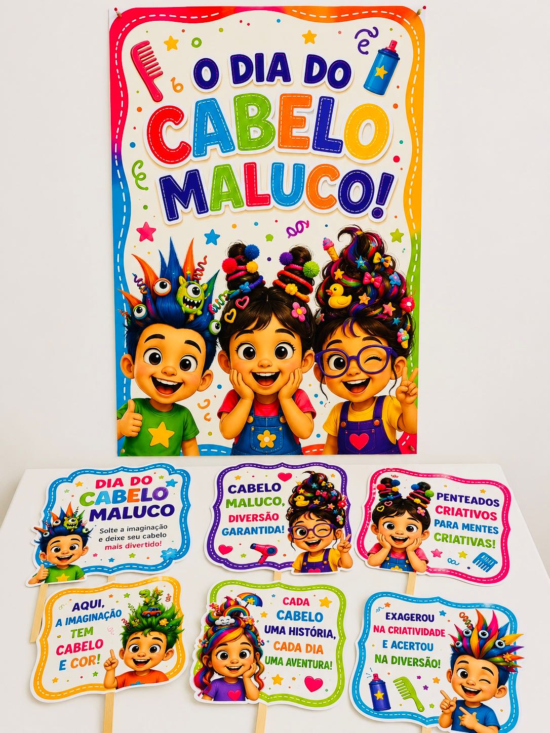 Painel Dia do Cabelo Maluco com Plaquinhas para Fotos Dia das crianças — amostra 1: Decore o Dia do Cabelo Maluco com muita…