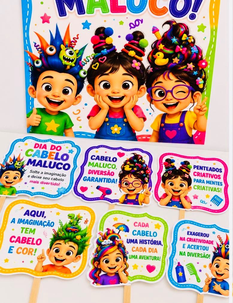 Painel Dia do Cabelo Maluco com Plaquinhas para Fotos Dia das crianças — amostra 2: Decore o Dia do Cabelo Maluco com muita…