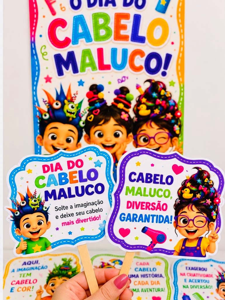 Painel Dia do Cabelo Maluco com Plaquinhas para Fotos Dia das crianças — amostra 3: Decore o Dia do Cabelo Maluco com muita…