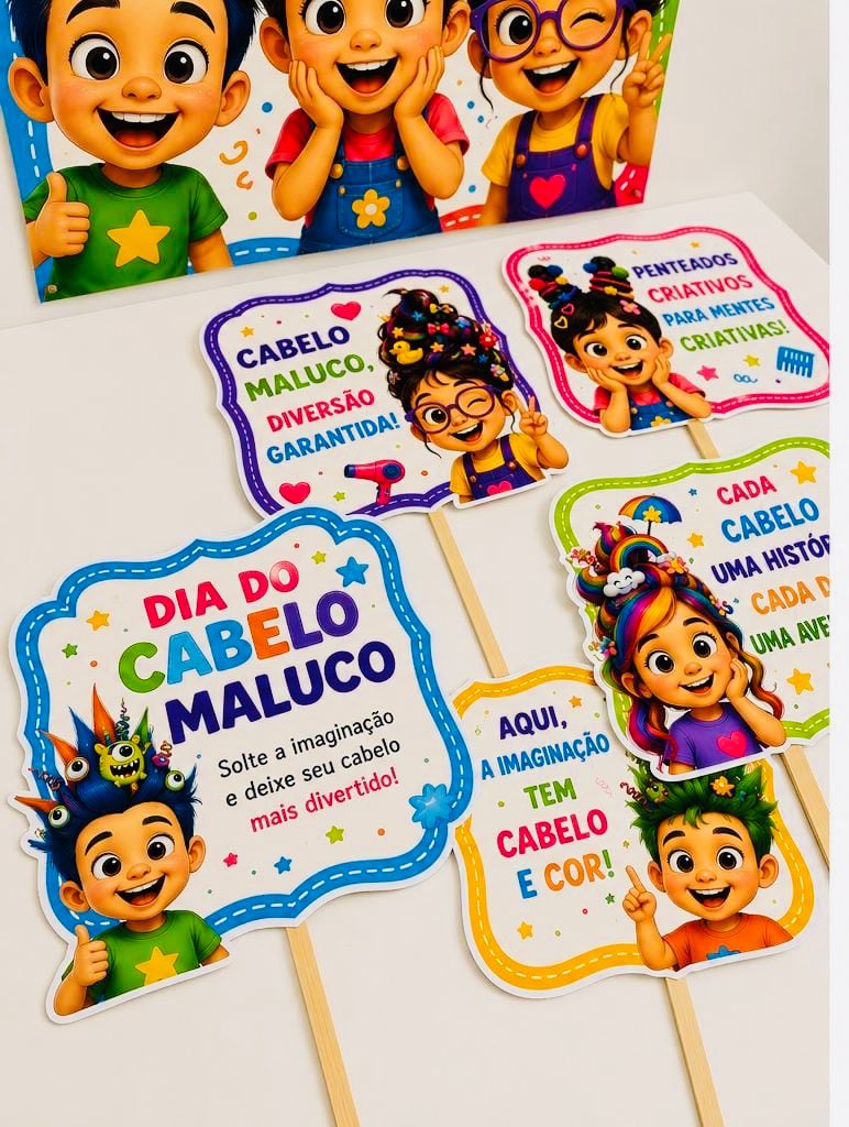 Painel Dia do Cabelo Maluco com Plaquinhas para Fotos Dia das crianças — amostra 4: Decore o Dia do Cabelo Maluco com muita…
