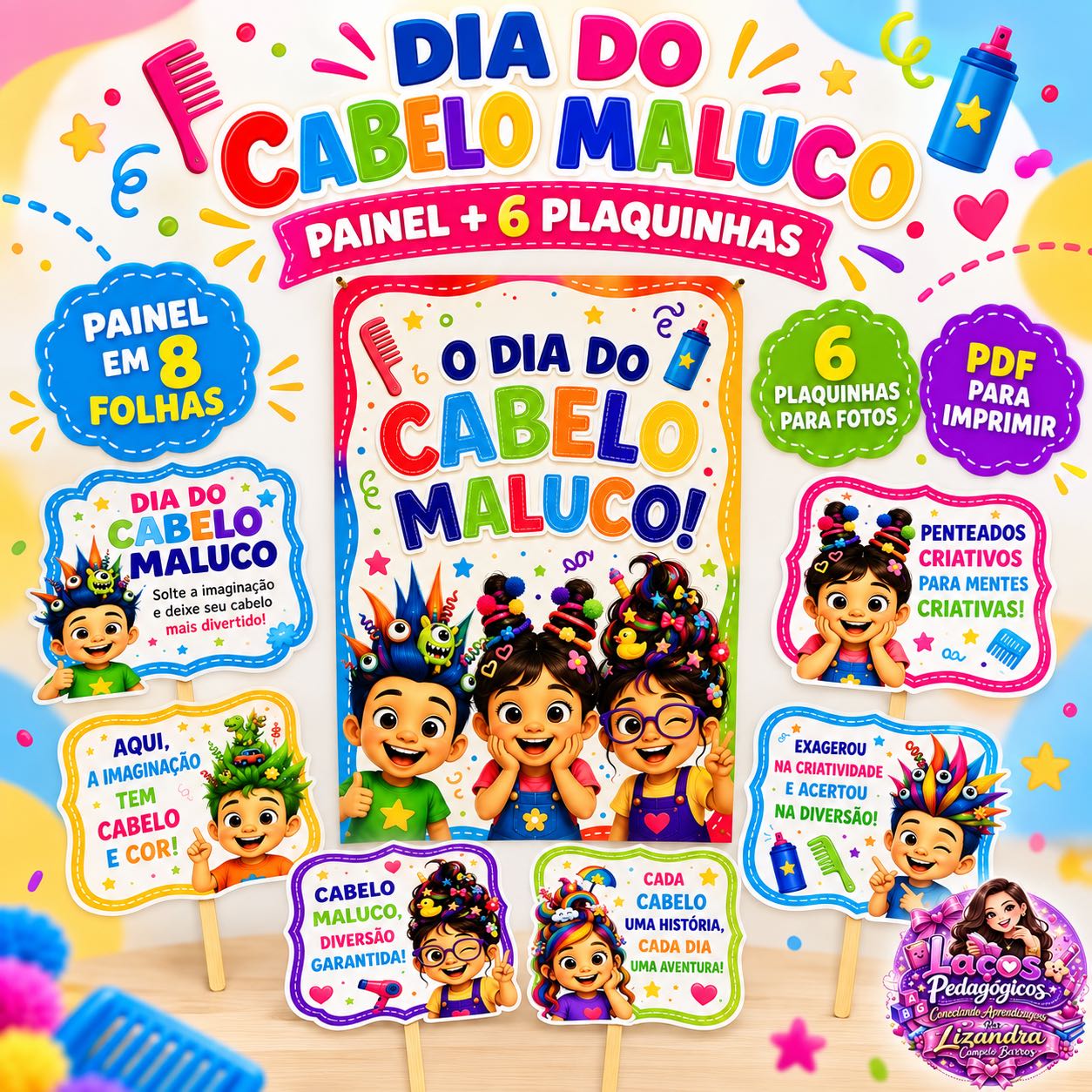 Painel Dia do Cabelo Maluco com Plaquinhas para Fotos Dia das crianças — capa do material
