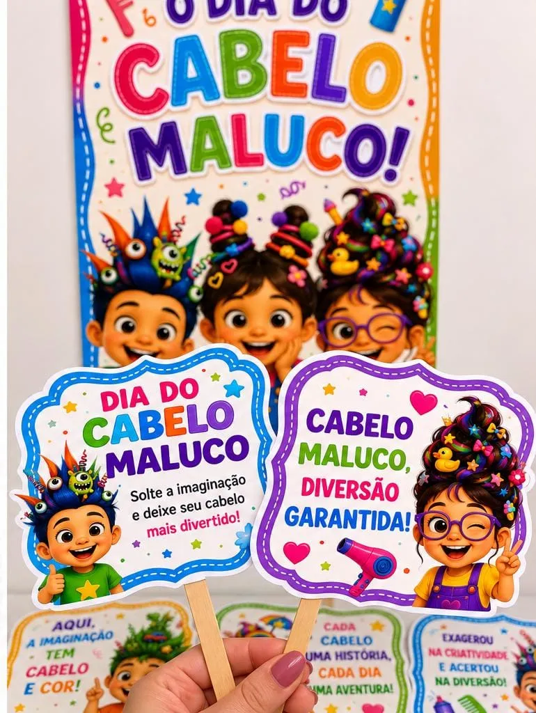 Painel Dia Do Cabelo Maluco + Plaquinhas Em PDF — amostra 2: 📌 O MATERIAL CONTÉM