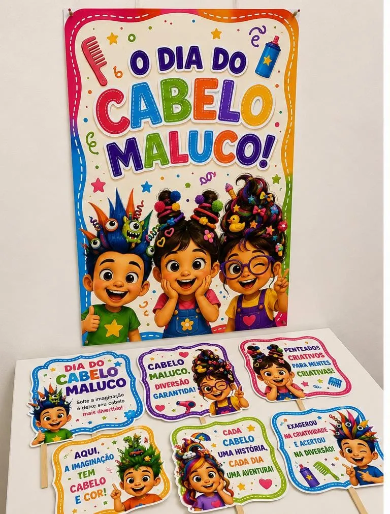 Painel Dia Do Cabelo Maluco + Plaquinhas Em PDF — amostra 3: 🎨 1 Painel “O Dia do Cabelo Maluco!” Com 8 folhas, formando…
