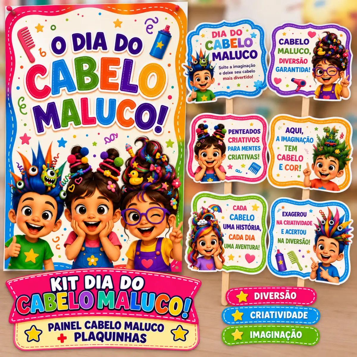 Painel Dia Do Cabelo Maluco + Plaquinhas Em PDF — Atividades para 2º ano: Painel Dia do Cabelo Maluco com 8 folhas e 6…