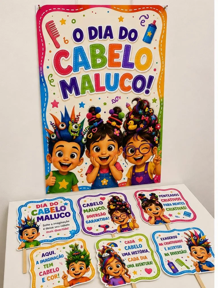 Painel dia do Cabelo Maluco + Plaquinhas — amostra 2: O recurso foi pensado para transformar a comemoração em um momento de…