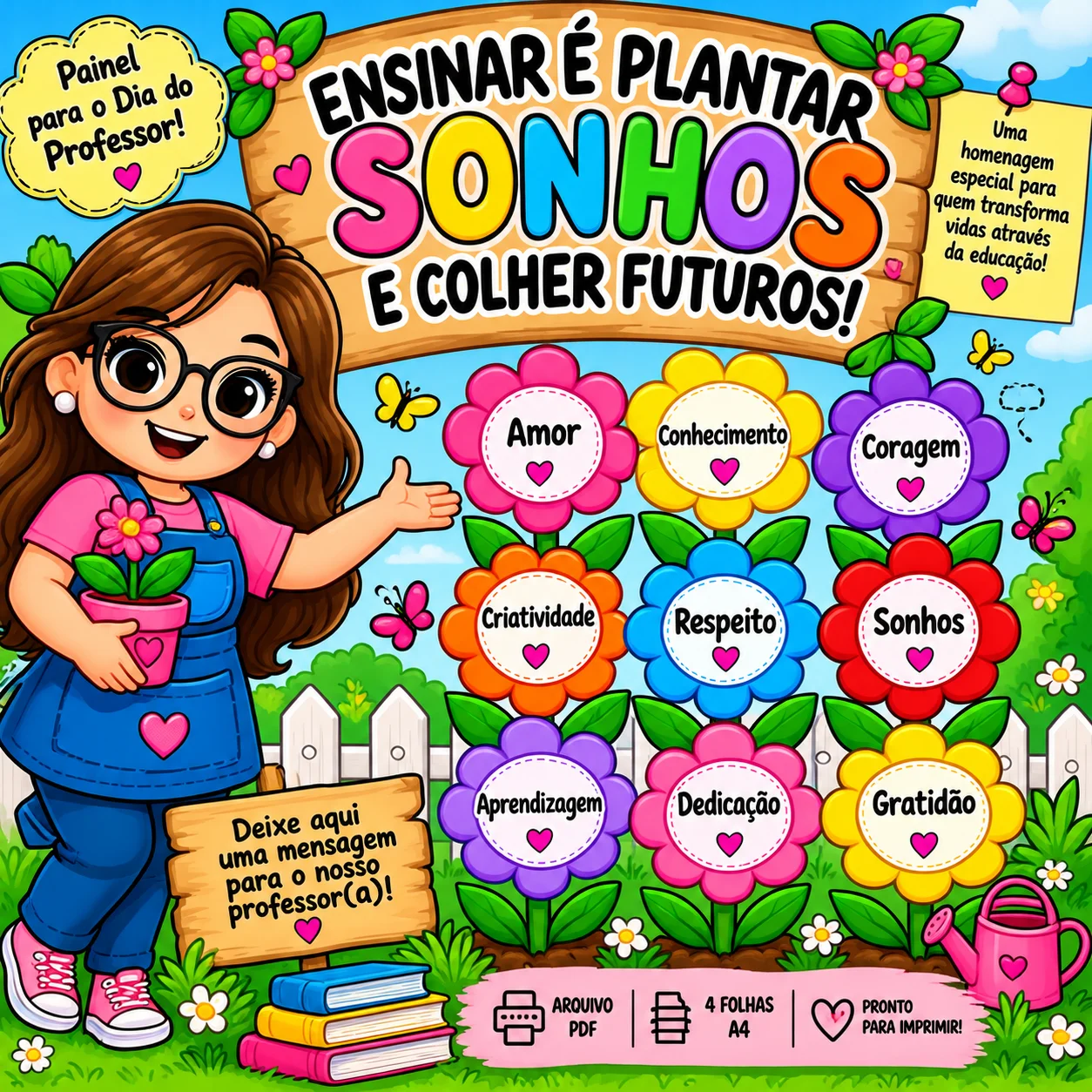 Painel Dia do Professor – Ensinar é Plantar Sonhos — Datas comemorativas para Educação Infantil: Painel colorido para o Dia…