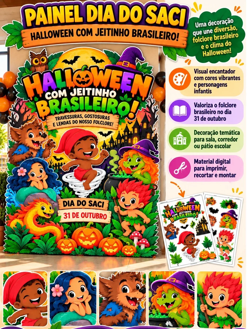 Painel Dia do Saci: Halloween Brasileiro — amostra 1: Painel digital para celebrar o Dia do Saci, valorizar o folclore…
