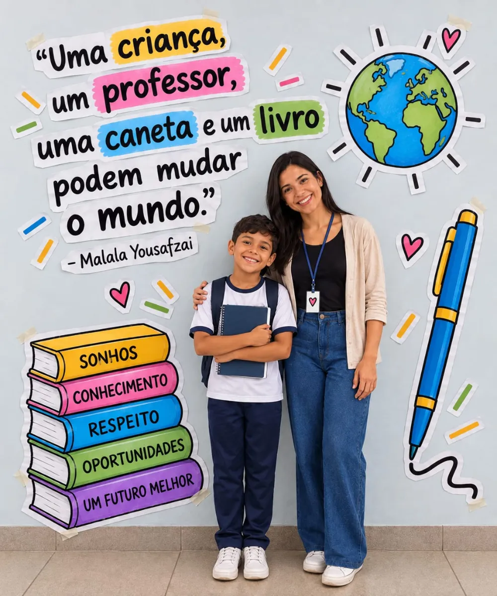Painel Dia dos Professores – Educar é Transformar — amostra 1: 🌟 Letreiro com a frase inspiradora 🌎 Planeta Terra 📚…