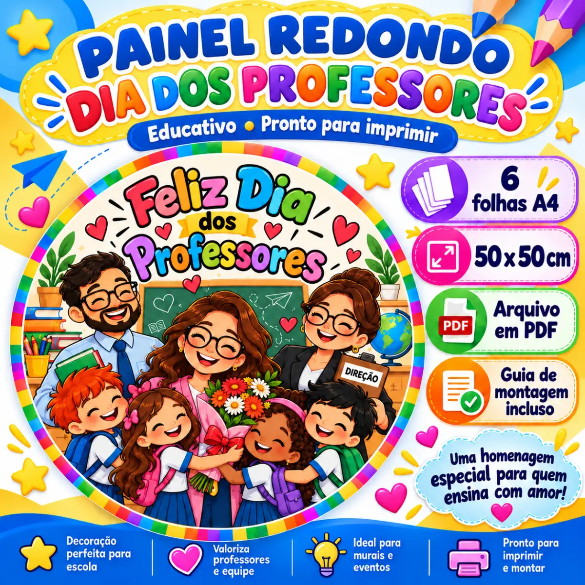 Painel Dia dos Professores para imprimir – 50 x 50 cm — Datas comemorativas para Todas as séries: Monte um painel redondo…