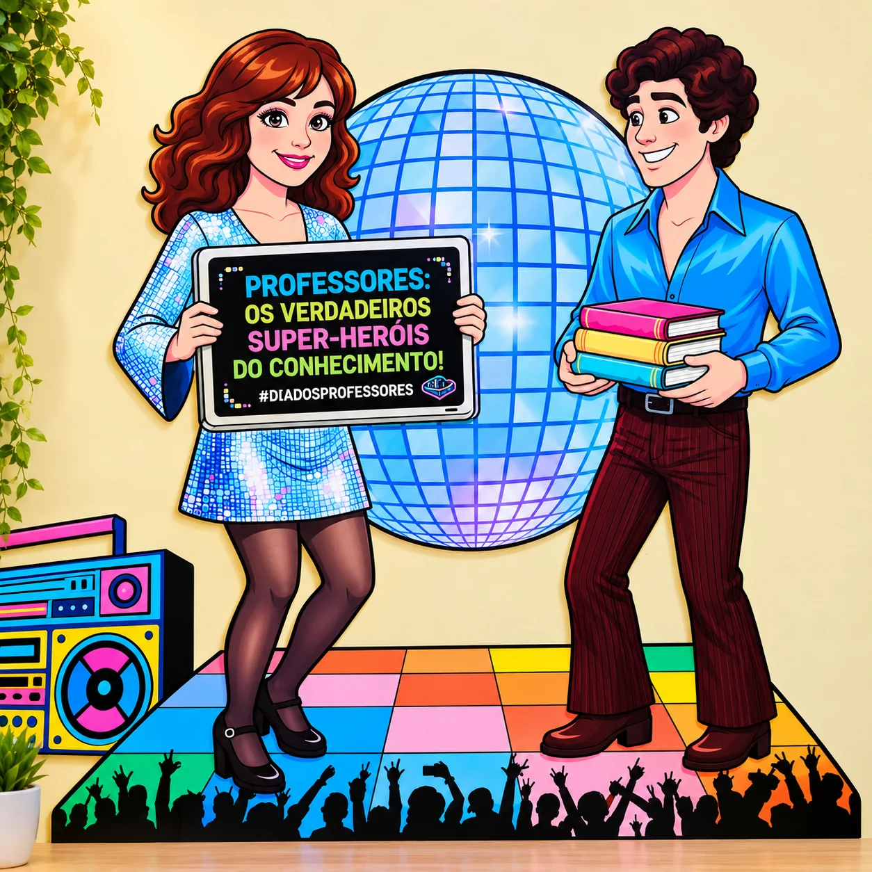 Painel Dia dos Professores - Tema "Anos 80" — amostra 1: Painel Dia dos Professores com tema Anos 80, composto por 18…