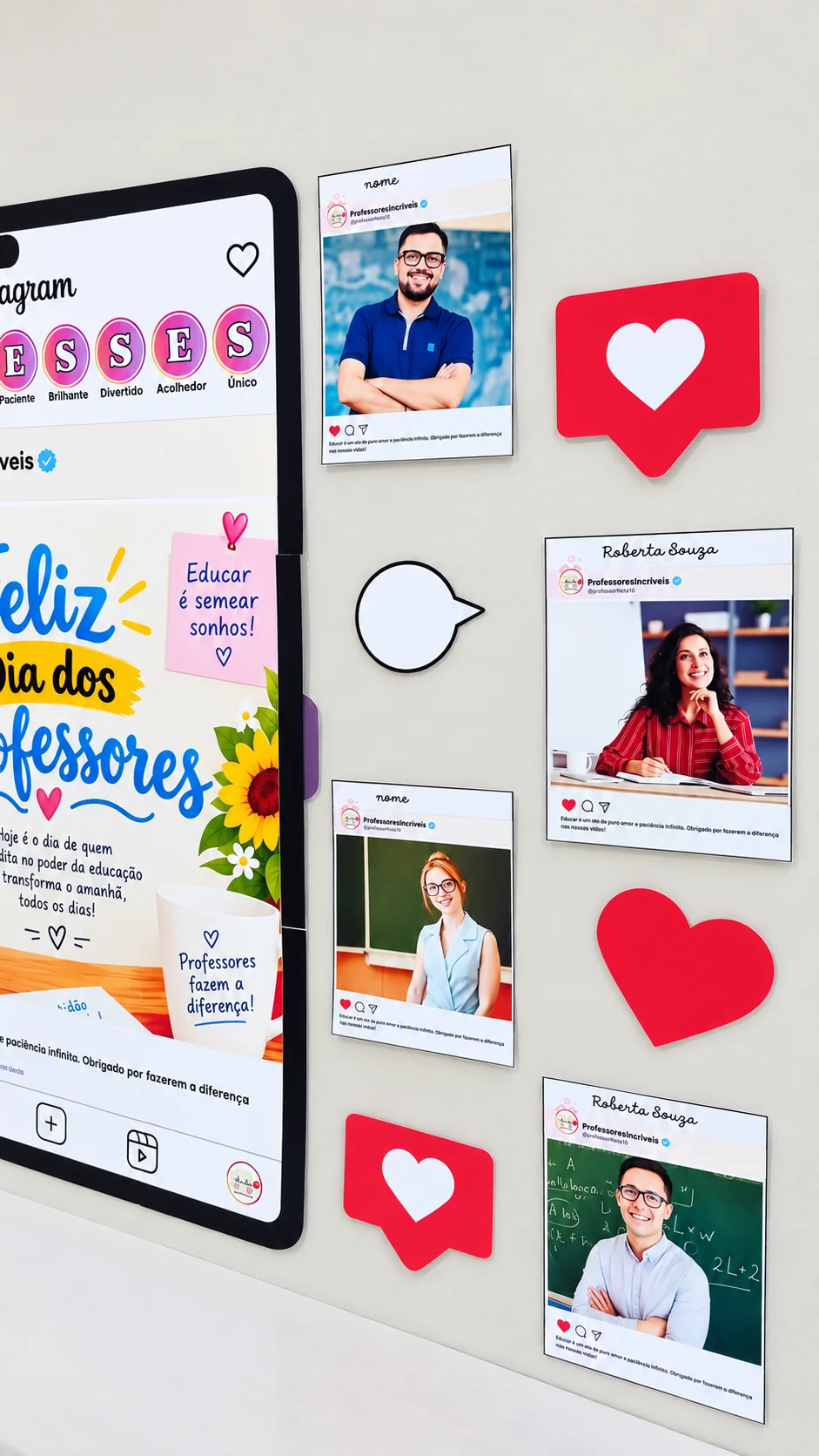 Painel Dia Dos Professores – Tema Instagram — amostra 3: ✔️ Painel principal em formato de tablet, ampliado em 9 folhas A4;…