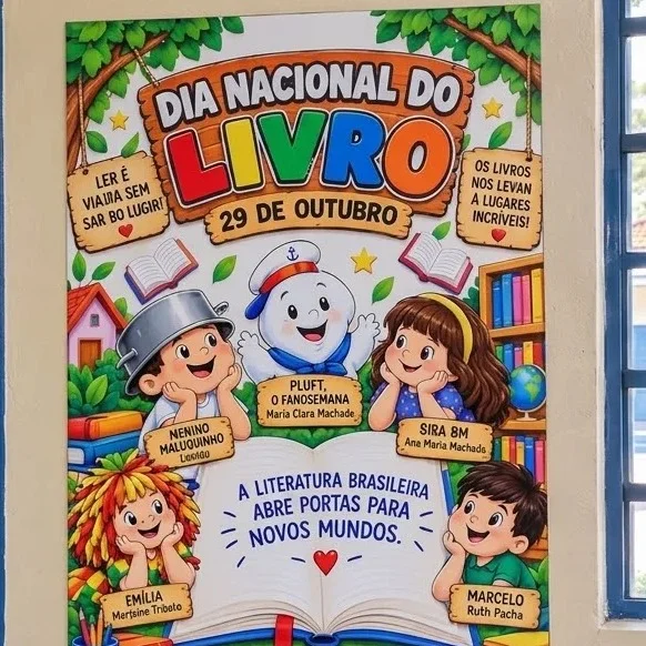 Painel Dia Nacional do Livro: Literatura Infantil — amostra 3: Painel Dia Nacional do Livro com crianças e livros, ideal…