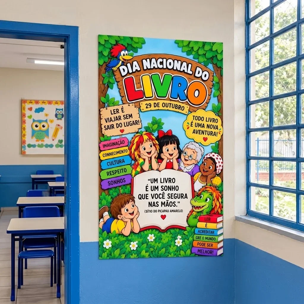 Painel Dia Nacional do Livro para Imprimir — amostra 4: Painel Dia Nacional do Livro para decorar a escola e incentivar a…