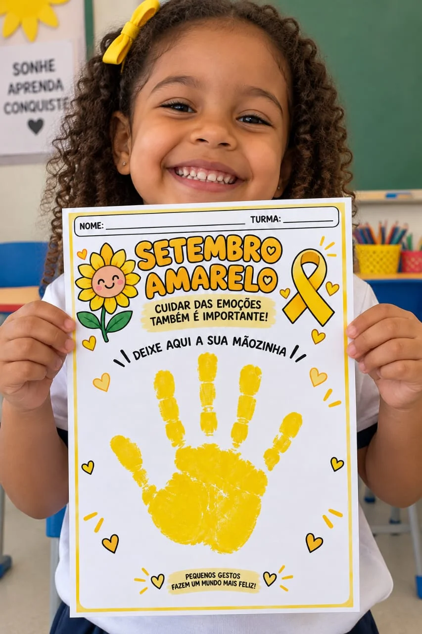 Painel e Atividade Setembro Amarelo Mãozinhas |Ensino Infantil 💛 — amostra 2: 🌻 PEQUENAS MÃOS, GRANDES MENSAGENS!”