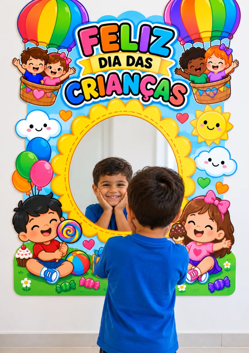 Painel Espelho – Feliz Dia das Crianças — amostra 3: 🎈 Painel com o tema Feliz Dia das Crianças; 🪞 Espaço central para…