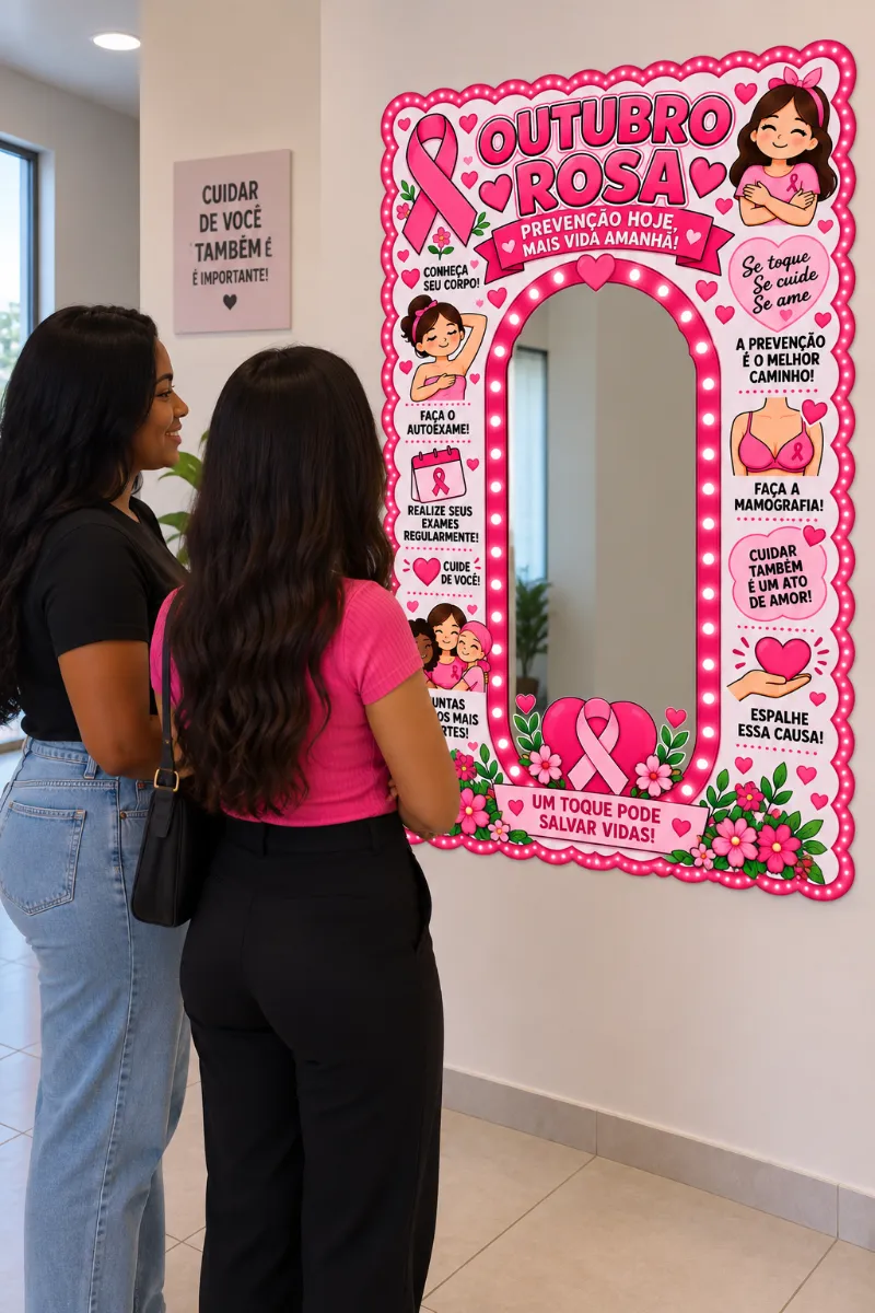 Painel Espelho Outubro Rosa Em PDF — amostra 3: O painel possui um espaço central para colocar um espelho, permitindo que…