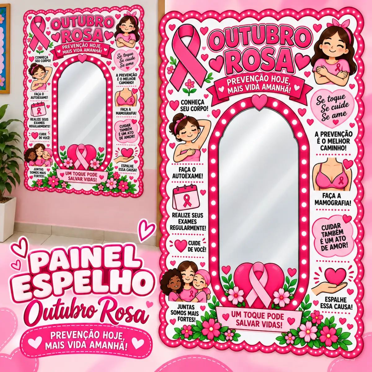 Painel Espelho Outubro Rosa Em PDF — Atividades para 2º ano: Painel Espelho Outubro Rosa com 27 folhas A4, mensagens de…