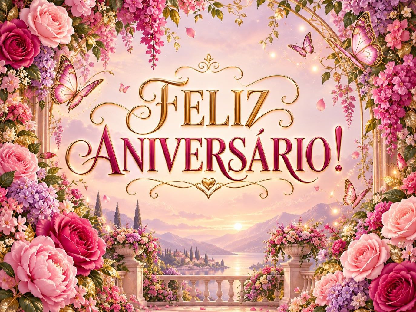 Painel Feliz Aniversário Floral Rosa e Dourado para Imprimir PDF — amostra 1: Painel Feliz Aniversário Floral Rosa e…