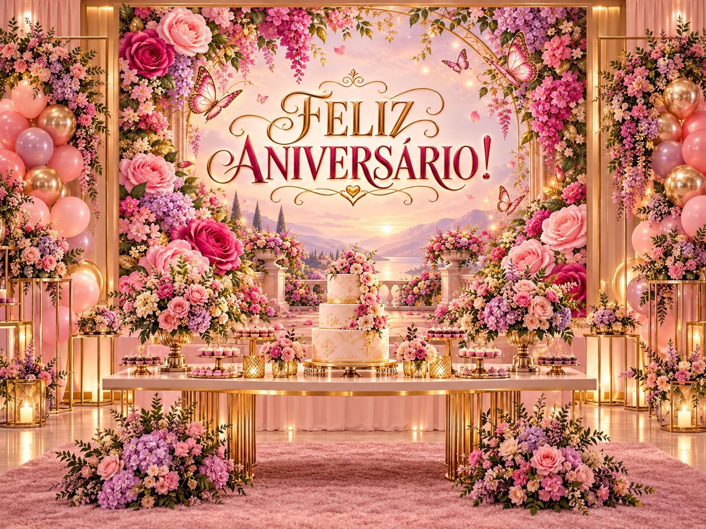 Painel Feliz Aniversário Floral Rosa e Dourado para Imprimir PDF — amostra 2: Painel Feliz Aniversário floral rosa e…