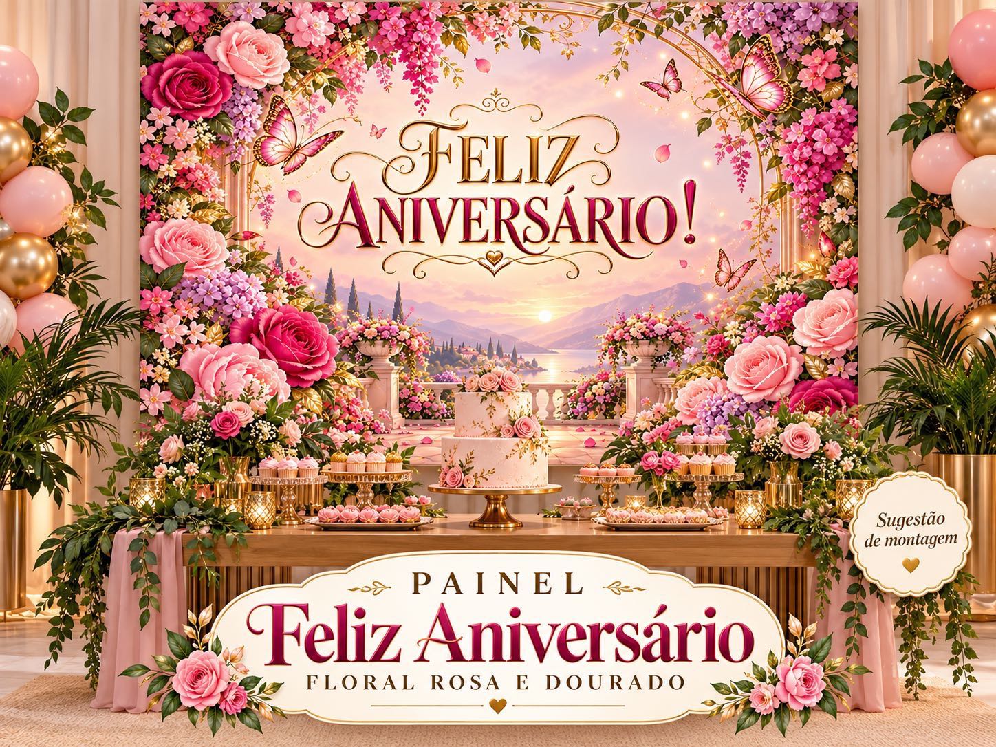 Painel Feliz Aniversário Floral Rosa e Dourado para Imprimir PDF — amostra 3: Painel Feliz Aniversário floral rosa e…