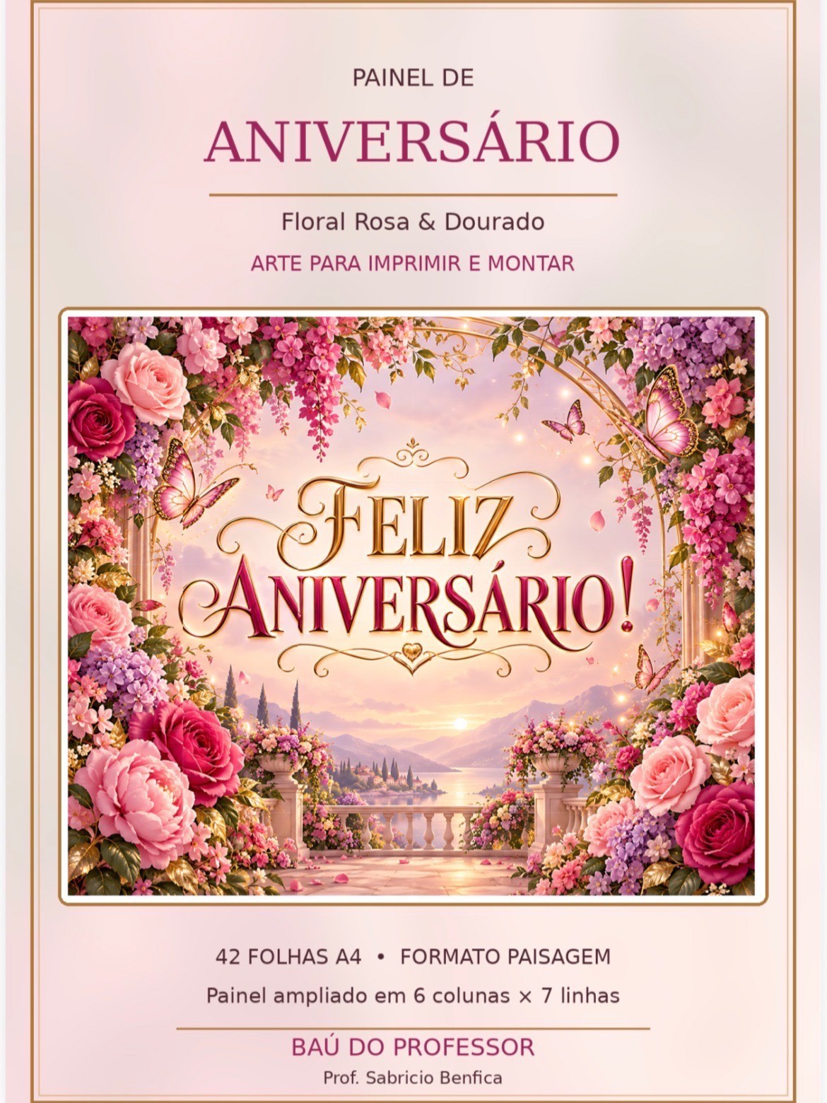 Painel Feliz Aniversário Floral Rosa e Dourado para Imprimir PDF — capa do material