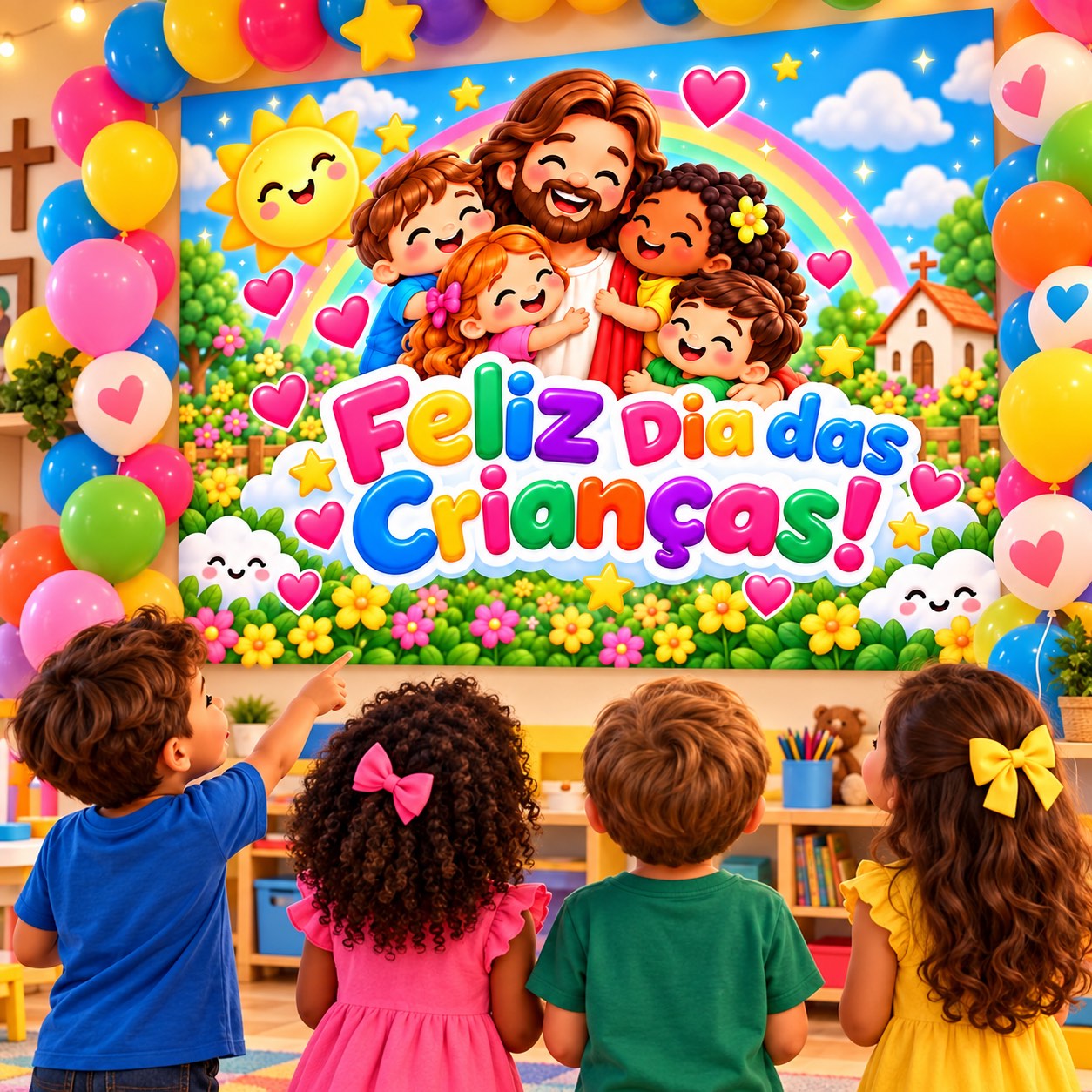 Painel Feliz Dia das Crianças com Jesus – Tema Religioso Infantil — amostra 1: Painel infantil religioso para o Dia das…