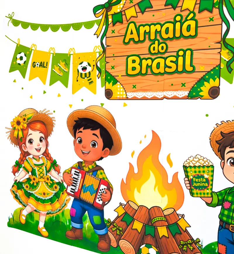 Painel Festa Junina: Arraiá do Brasil com Tema de Copa — amostra 1: Painel Festa Junina com inspiração na torcida do Brasil