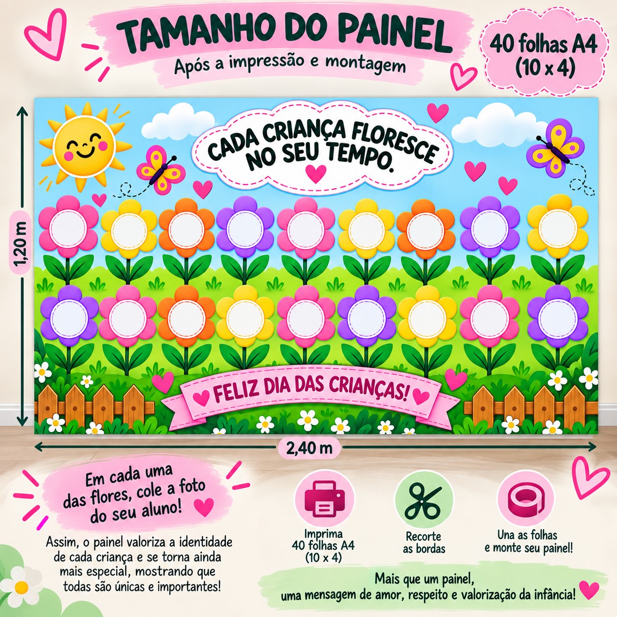 Painel flores dia das crianças para sala de aula — amostra 1: Em cada flor, cole a foto de um aluno e personalize o painel…