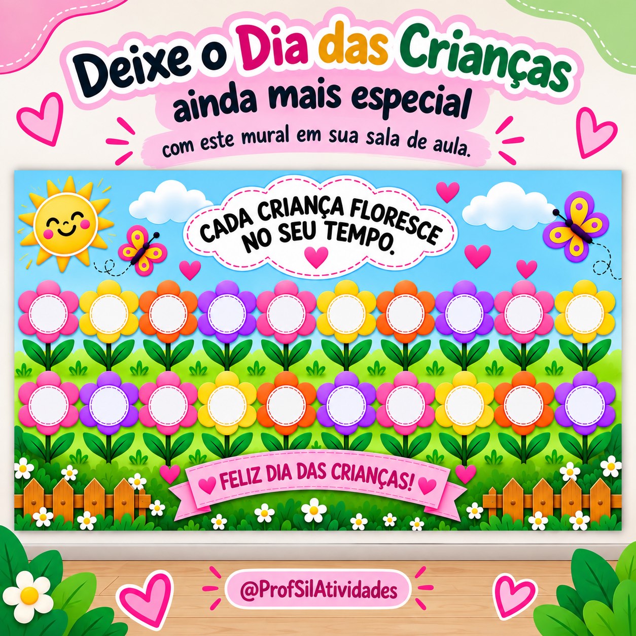 Painel flores dia das crianças para sala de aula — amostra 3: Em cada flor, cole a foto de um aluno e personalize o painel…