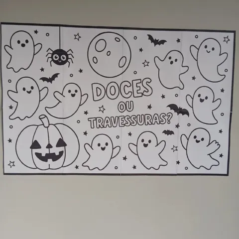 Painel Halloween para Colorir – 8 Folhas A4 — amostra 4: Painel de Halloween para imprimir e colorir, dividido em 8 folhas A4