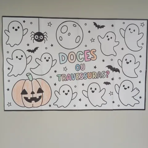 Painel Halloween para Colorir – 8 Folhas A4 — amostra 5: Painel de Halloween para imprimir e colorir, dividido em 8 folhas A4