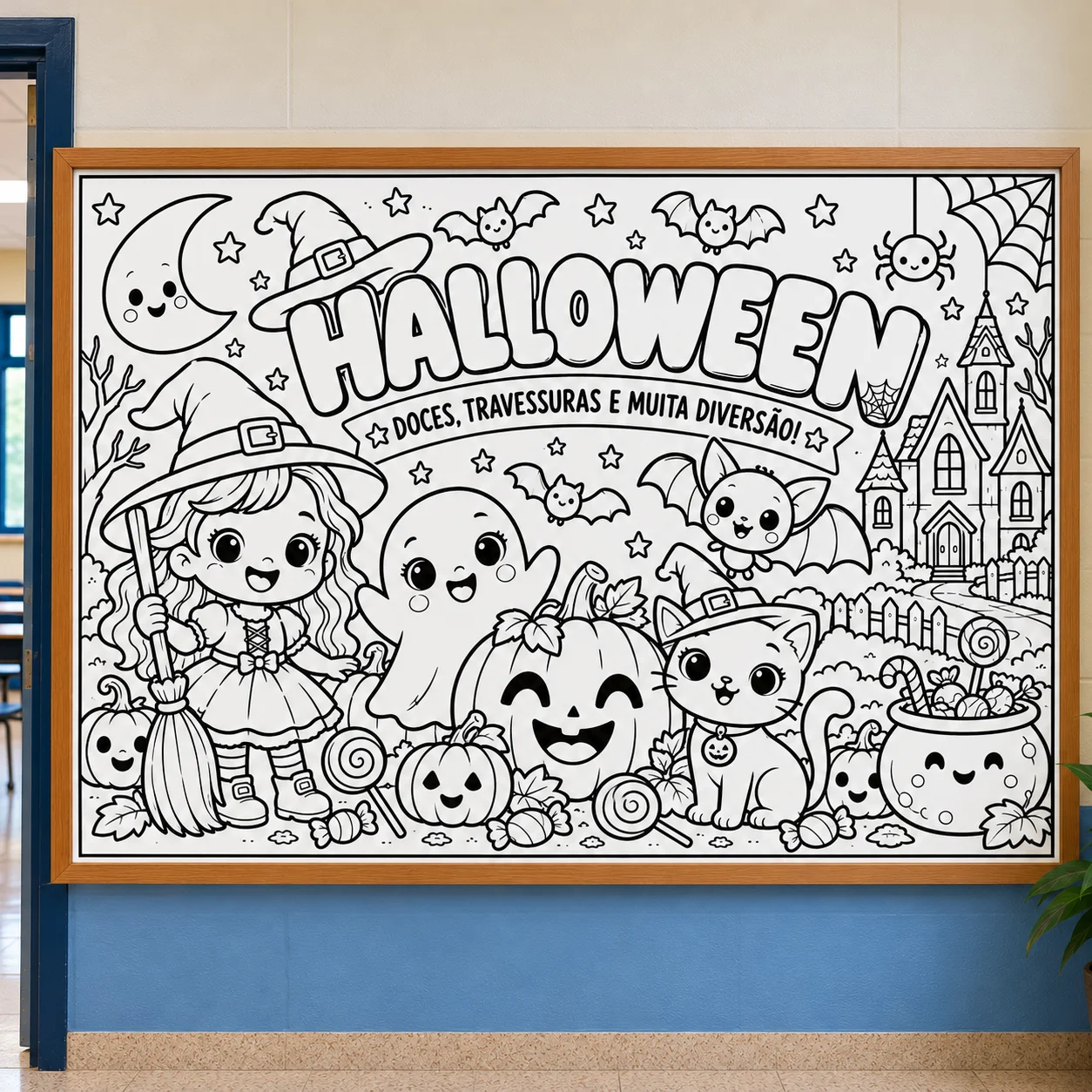 Painel Halloween para Colorir Ampliado em A4 — amostra 1: 🖍️ O que você recebe?