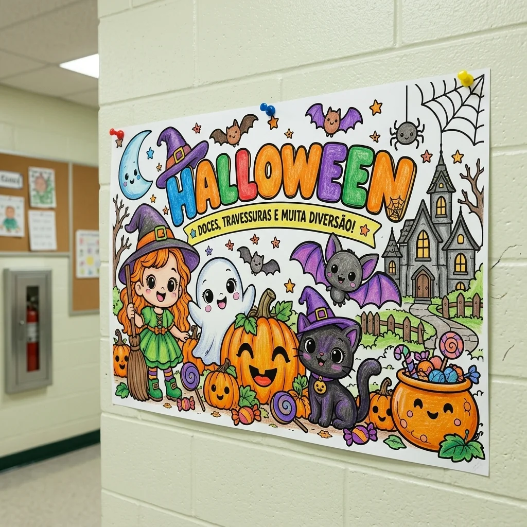 Painel Halloween para Colorir Ampliado em A4 — amostra 3: Painel de Halloween para colorir, com bruxinha, fantasmas,…