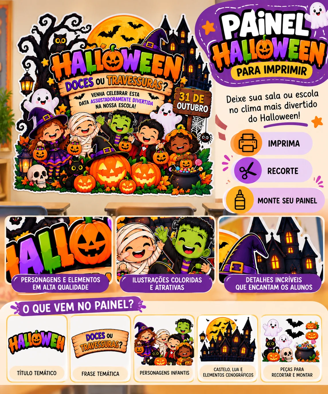 Painel Halloween para Imprimir anos iniciais — amostra 1: Painel Halloween para imprimir, recortar e montar