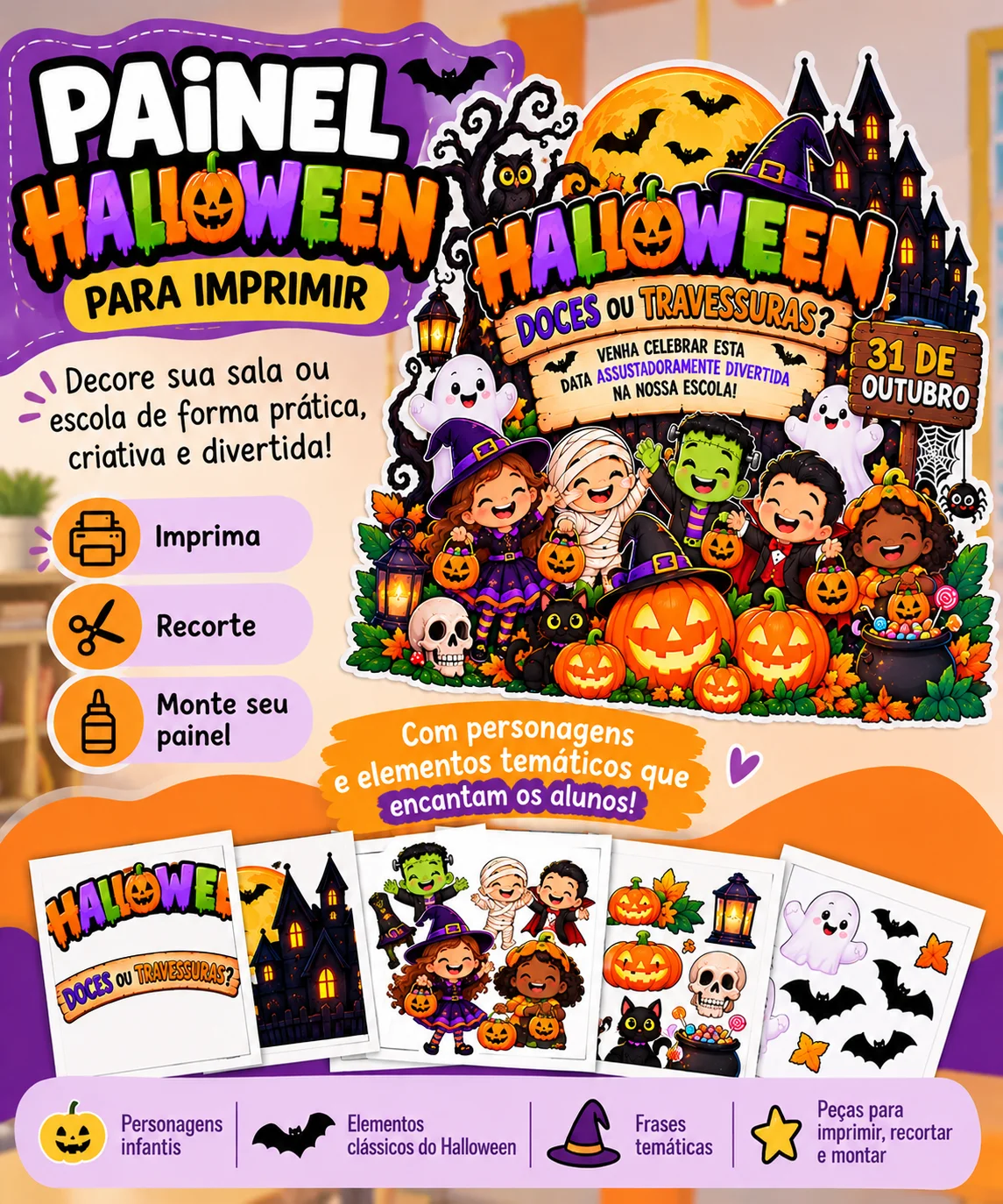 Painel Halloween para Imprimir anos iniciais — amostra 2: Painel Halloween para imprimir, recortar e montar