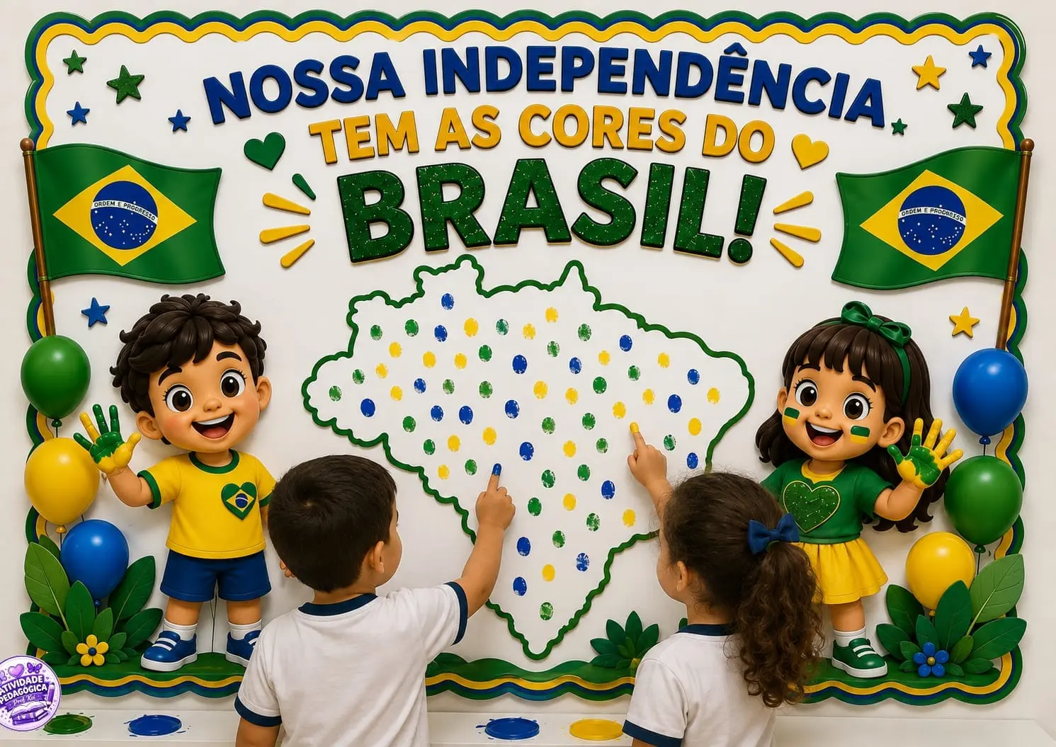 PAINEL INTERATIVO – 7 DE SETEMBRO ✨🇧🇷 — amostra 1: As crianças podem preencher o mapa do Brasil carimbando suas mãozinhas…