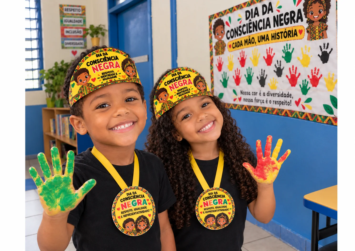 Painel Interativo Dia da Consciência Negra - viseira + medalha+painel — amostra 4: Medalha, viseira e painel interativo…