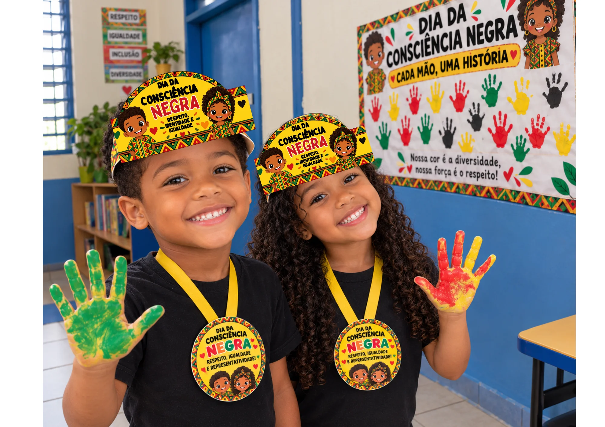 Painel Interativo Dia da Consciência Negra - viseira + medalha+painel — amostra 6: Medalha, viseira e painel interativo…