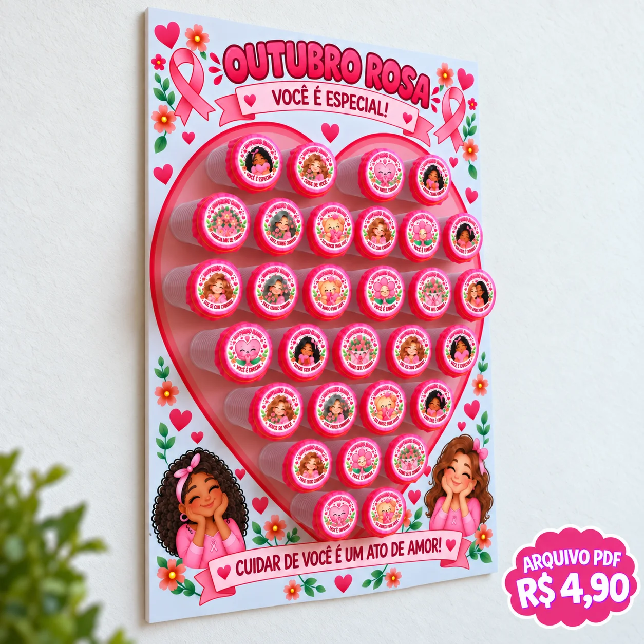Painel Interativo Outubro Rosa com Copinhos em PDF — amostra 1: PAINEL INTERATIVO OUTUBRO ROSA