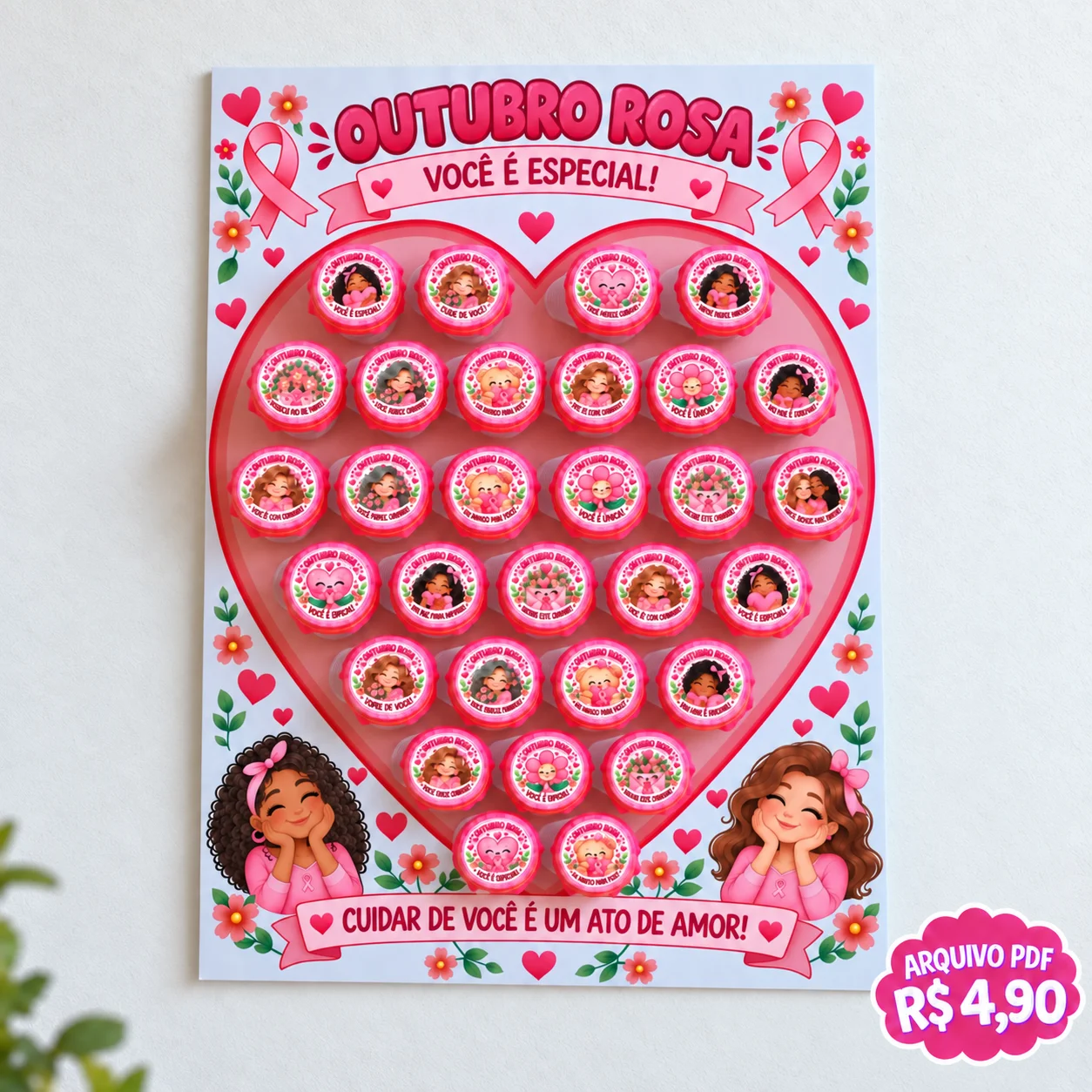 Painel Interativo Outubro Rosa com Copinhos em PDF — amostra 3: Um painel cheio de carinho para o Outubro Rosa