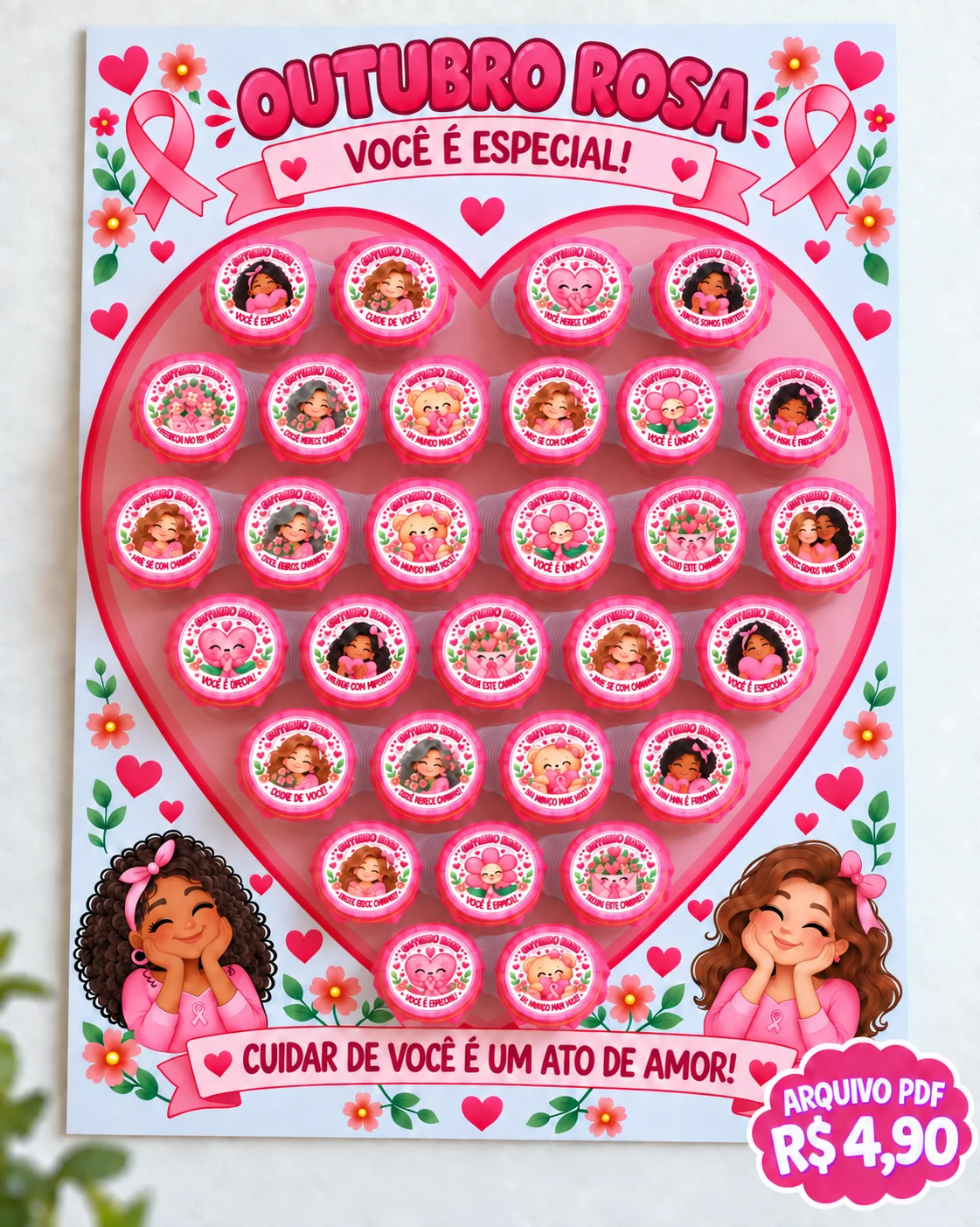 Painel Interativo Outubro Rosa com Copinhos em PDF — amostra 4: Um painel cheio de carinho para o Outubro Rosa