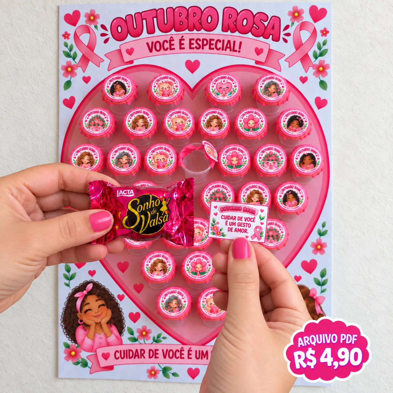 Painel Interativo Outubro Rosa com Copinhos em PDF — amostra 5: Um painel cheio de carinho para o Outubro Rosa