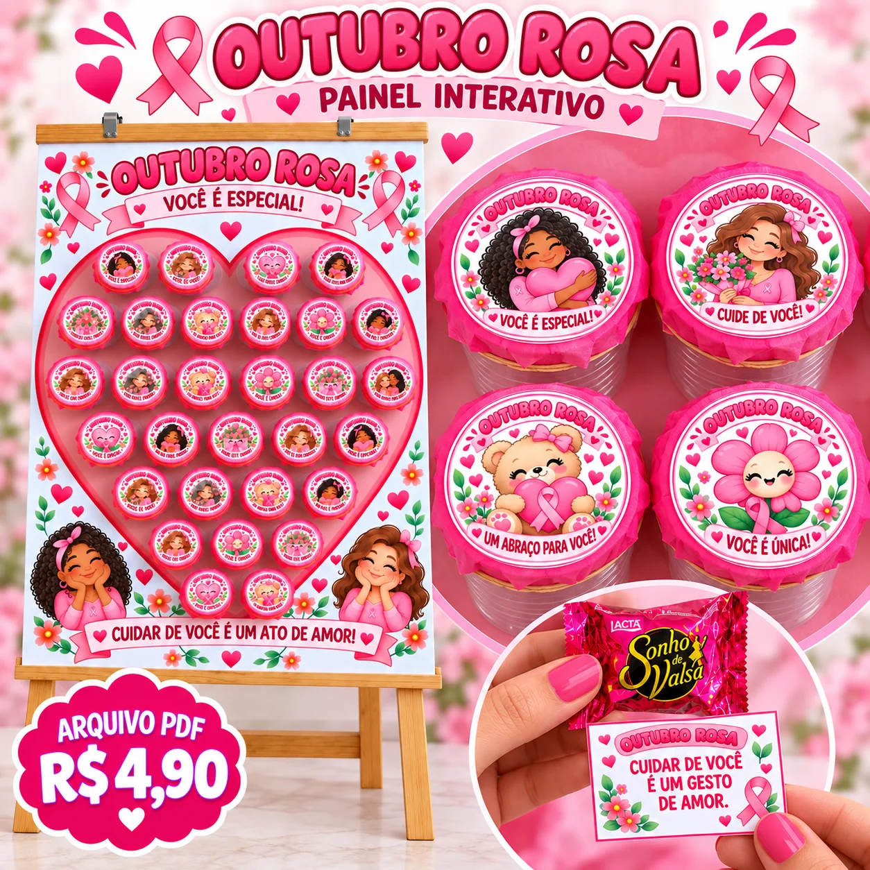 Painel Interativo Outubro Rosa com Copinhos em PDF — Datas comemorativas para Todas as séries: Um painel cheio de carinho…