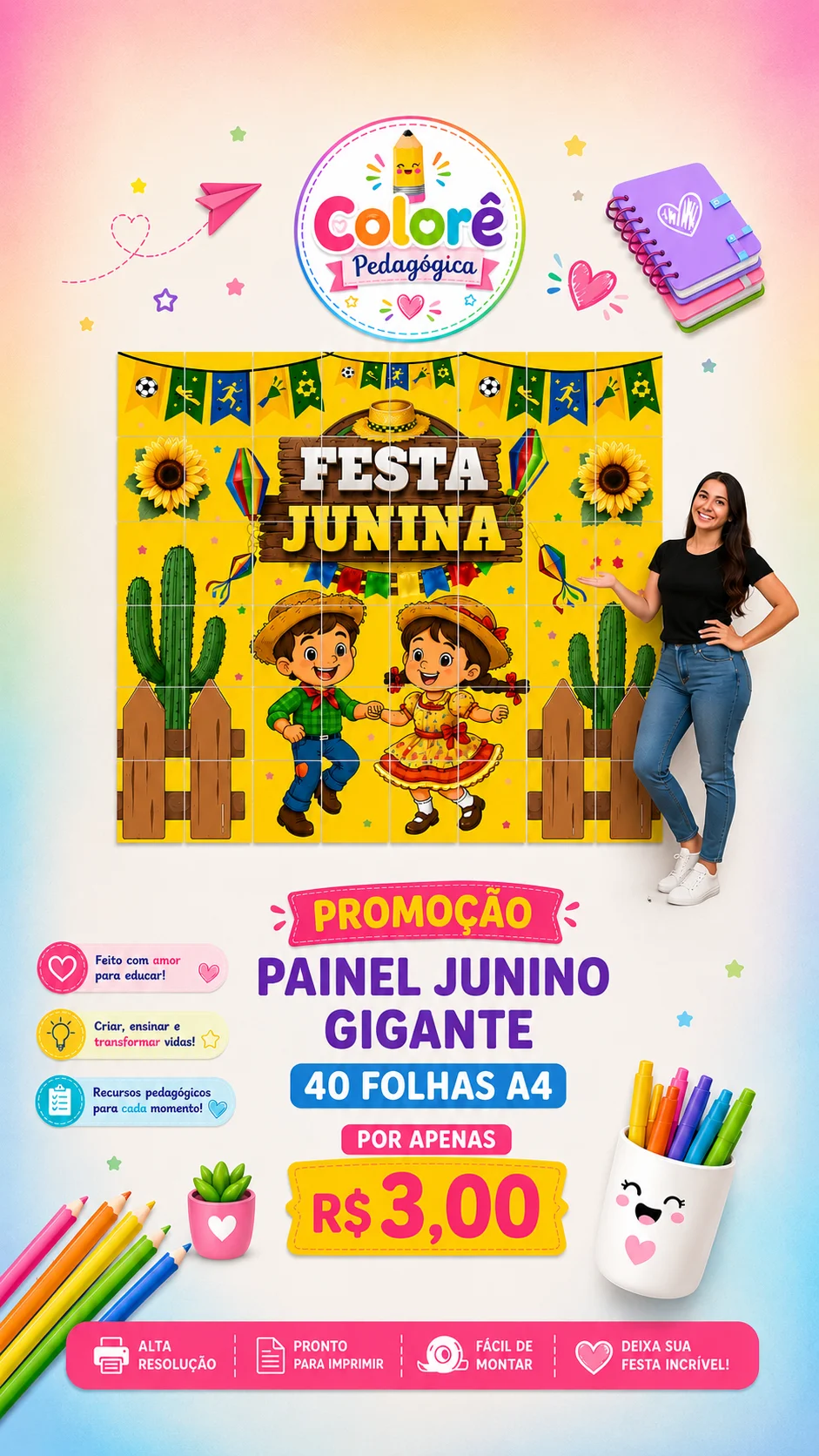 🎉🌻 PAINEL JUNINO GIGANTE – 40 FOLHAS A4 🌻🎉 — capa do material